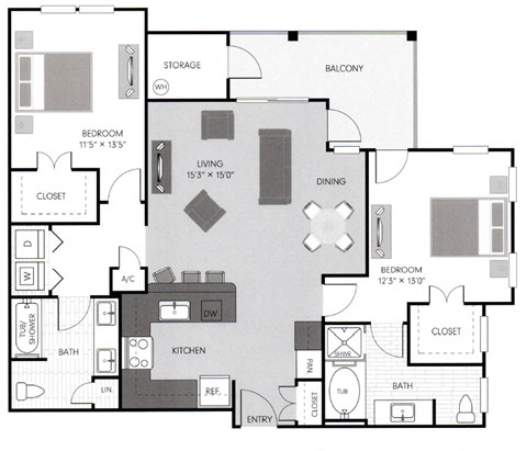 Floor plan for 2 beds, 2 baths, 1205 sqft